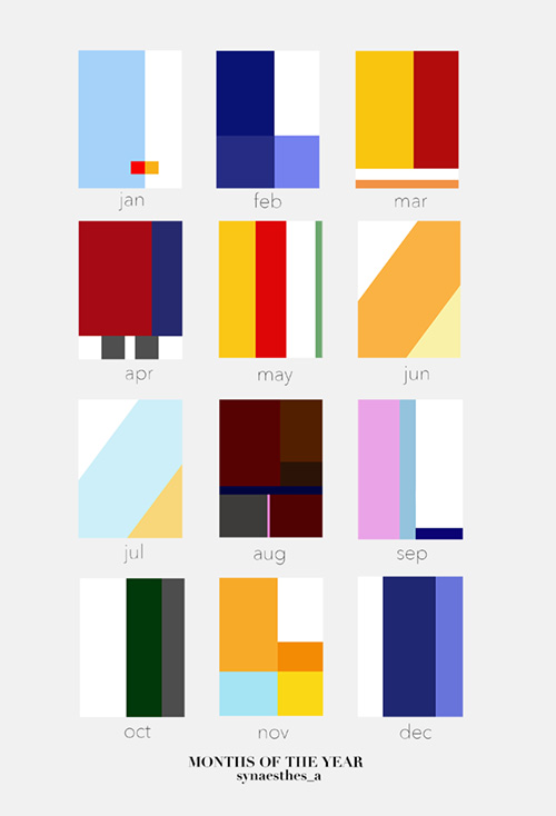 a vertical poster that lists all 12 months, represented each through a different abstract art piece; each of the designs composed of straight lines and blocks only and uses multiple cold or warm colors